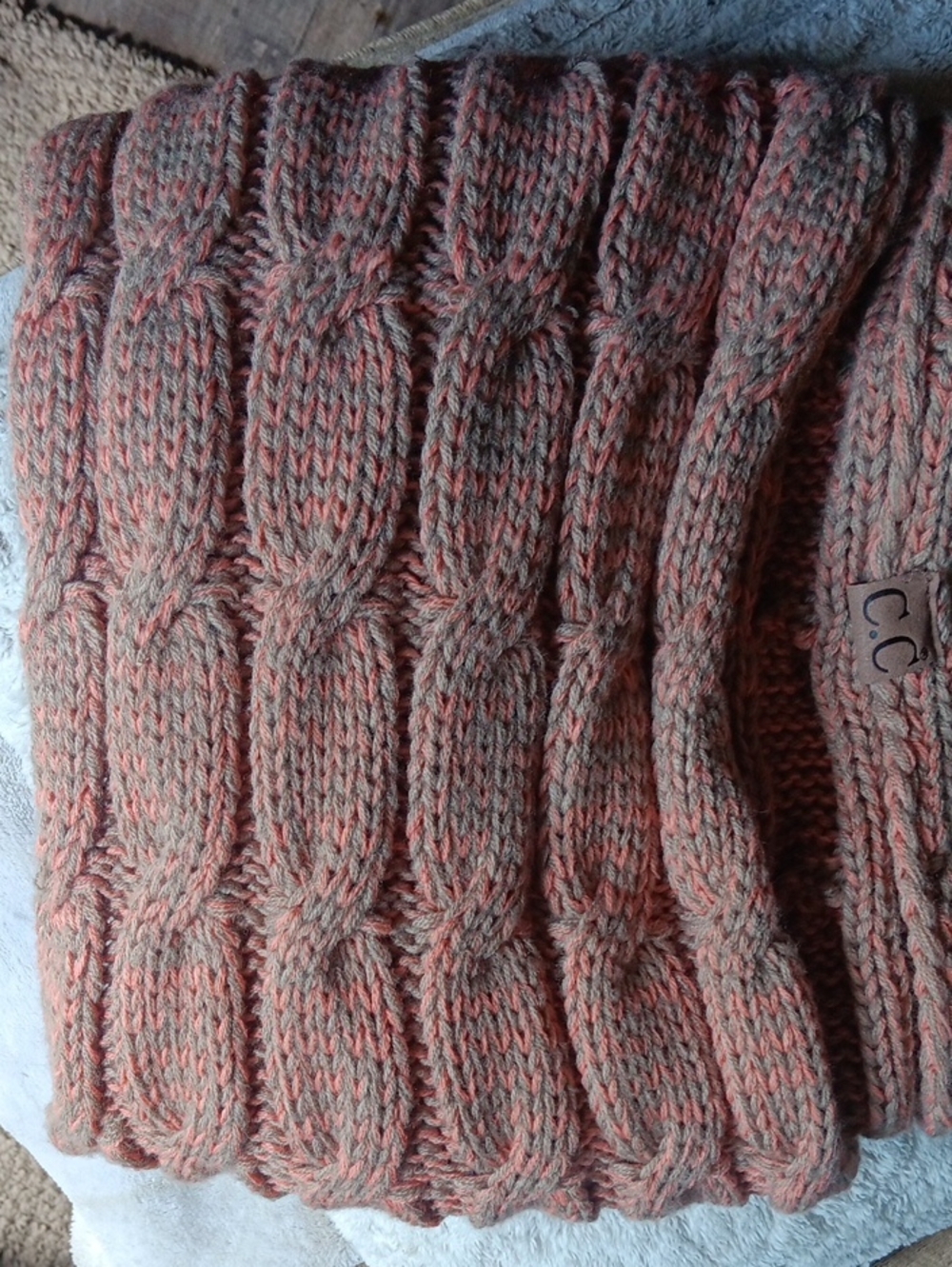 C.C Two-Tone Cable Knit Turtleneck Sweater in Coral and Taupe